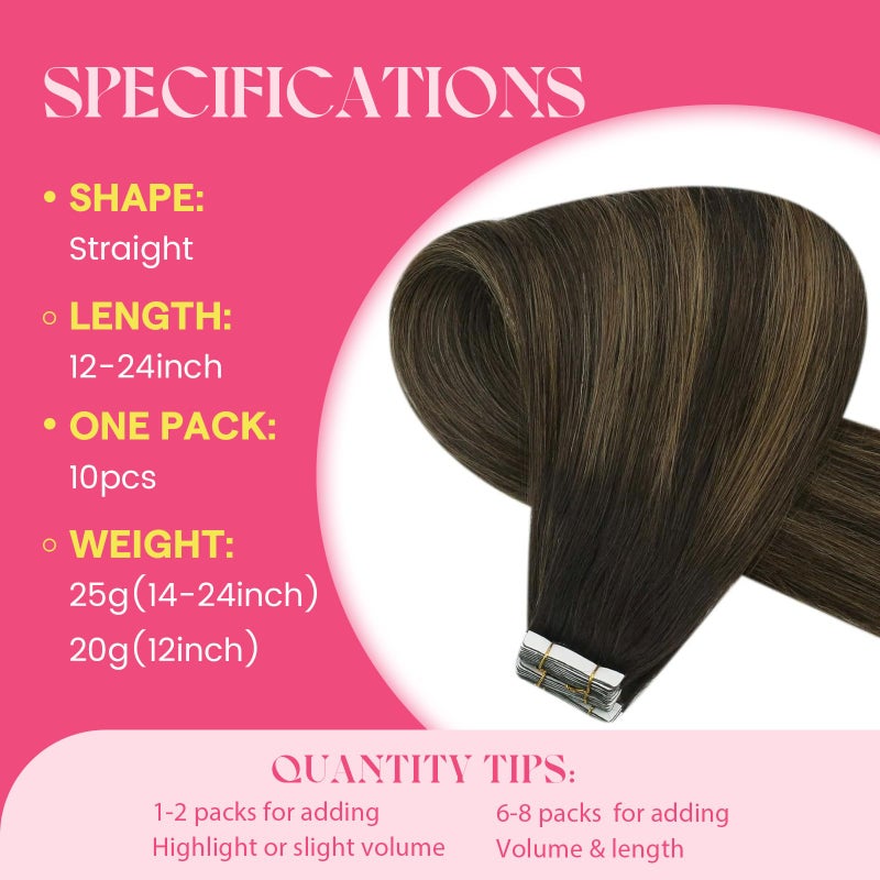 Ve Sunny Tape in Hair Extensions Real Human Hair Invisible Remy Human Hair Straight Tape Ins Double Sided Darkest Brown Ombre Medium Brown Balayage 20 inch 10Pcs 25G - Image 3